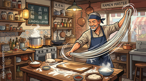 Cuadro en lienzo Man making ramen noodles in kitchen.