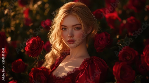 Young Woman with Blonde Curly Hair in Red Dress Surrounded by Red Roses