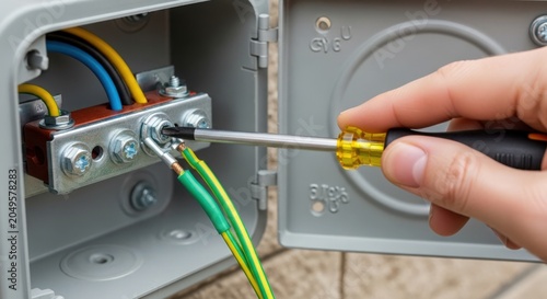 Electrical maintenance job with hand holding screwdriver to connect wires in junction box. Electrical work involves securing wires and ensuring proper connections for safety.