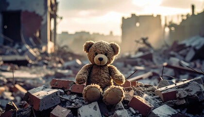Weathered Teddy Bear Sits Amidst War-Torn City Ruins at Sunset
