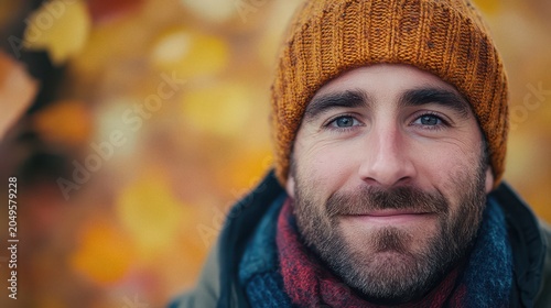 Close-up Portrait of a Man in a Beanie Hat with Frost on His Face in Autumn