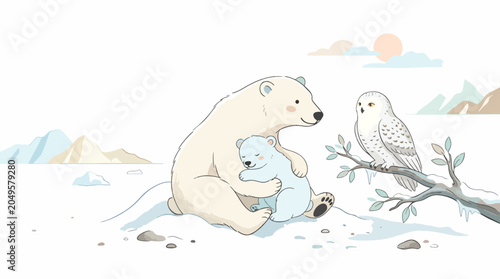 Polar bear and cub with owl.