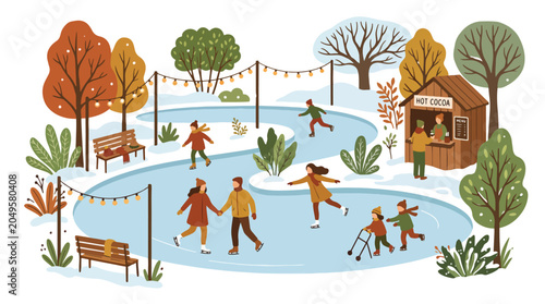 Schilderij op canvas People Ice Skating on Frozen Pond.