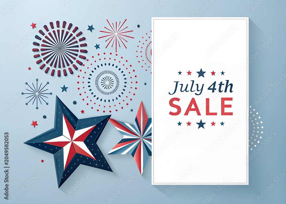 Fototapeta premium July 4th sale banner design with patriotic stars and firework illustrations for Independence Day promotion isolated on transparent background