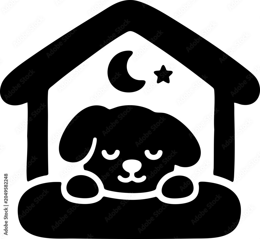 Fototapeta premium Sleeping Dog in Dog House at Night Black Pictogram Icon