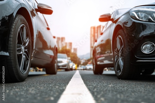 Two dark sedans parked on a city street, low angle