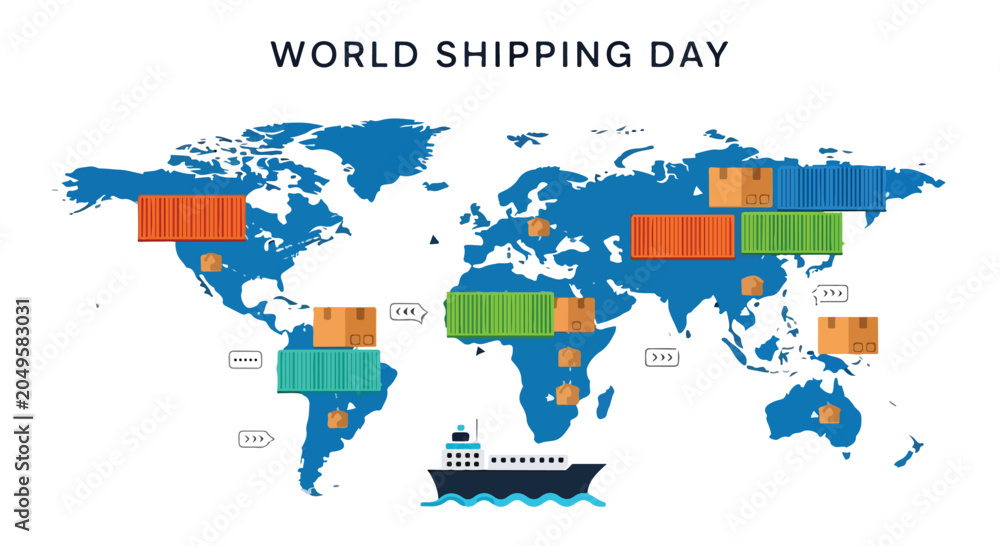 Fototapeta premium Global shipping containers on world map with cargo ship