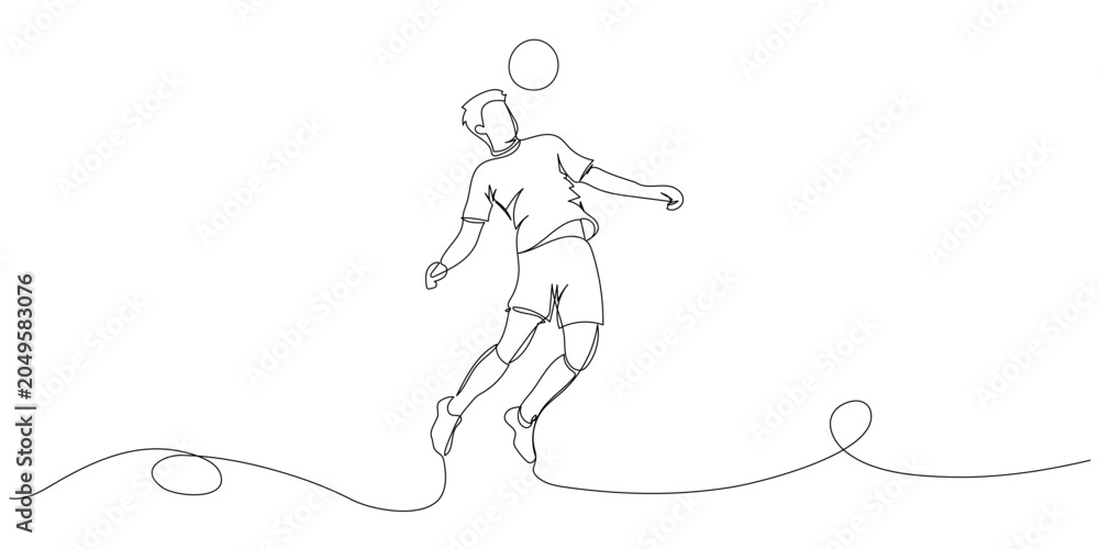 Fototapeta premium Continuous one line drawing of a soccer player hits the ball with his head. Minimalist hand drawn sports illustration. football promotions, and sports branding.