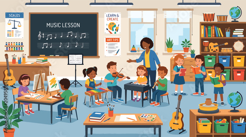 Teacher leading music lesson with children.