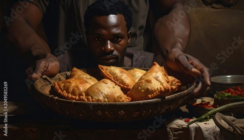 Close-up view depicts a Black person holding a basket filled with golden-brown pastries. Another person's arms are in the shot