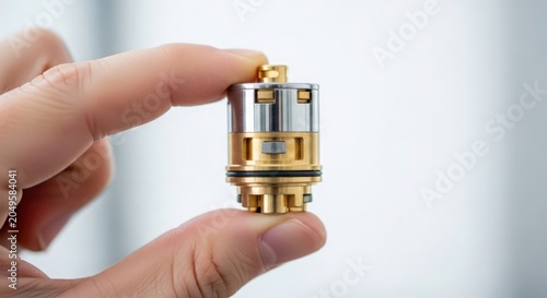 Hand holding vape atomizer component for electronic cigarette showcasing intricate details and metallic colors.