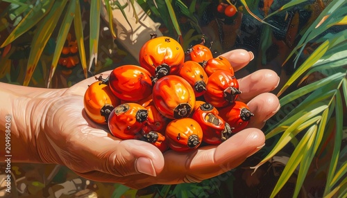 Close-up view depicts a light-skinned hand, overflowing with bright orange fruits, likely freshly harvested and vibrant