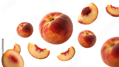 Schilderij op canvas Fresh peaches floating in soft light with peach slices around Vector
