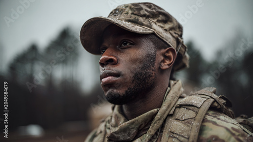 Portrait of a resolute soldier in camouflage attire