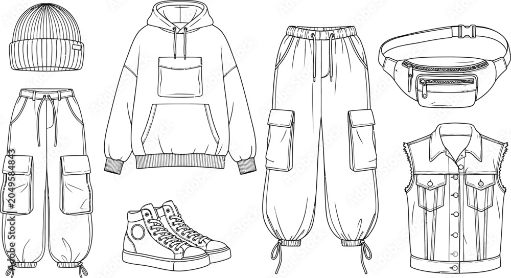 Obraz premium Collection of urban streetwear fashion items including a hoodie cargo pants beanie and sneakers presented as outline vector illustrations for apparel design templates