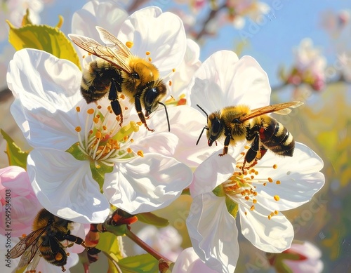 Close-up view depicts several honeybees pollinating delicate white blossoms with yellow stamens under a clear, bright blue sky