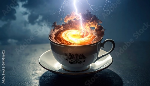 A miniature cosmic storm with lightning swirling inside a teacup