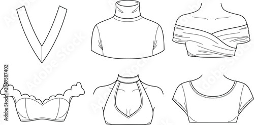 Cuadro en lienzo Fashion illustration set of womens diverse necklines and bodice styles presented