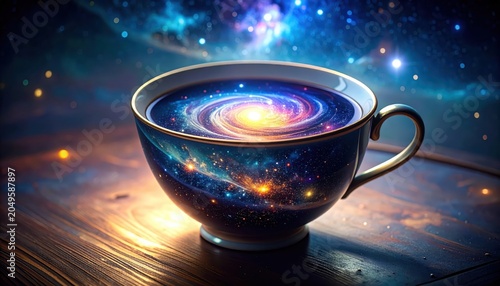 A miniature galaxy swirling within a teacup, a cosmic wonderland of stars and nebulae