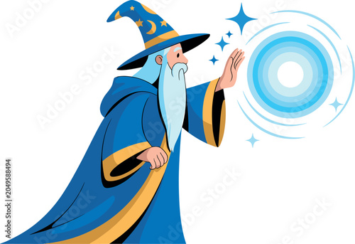 Canvastavla Old wizard character in blue robe and pointed star hat casting powerful swirling