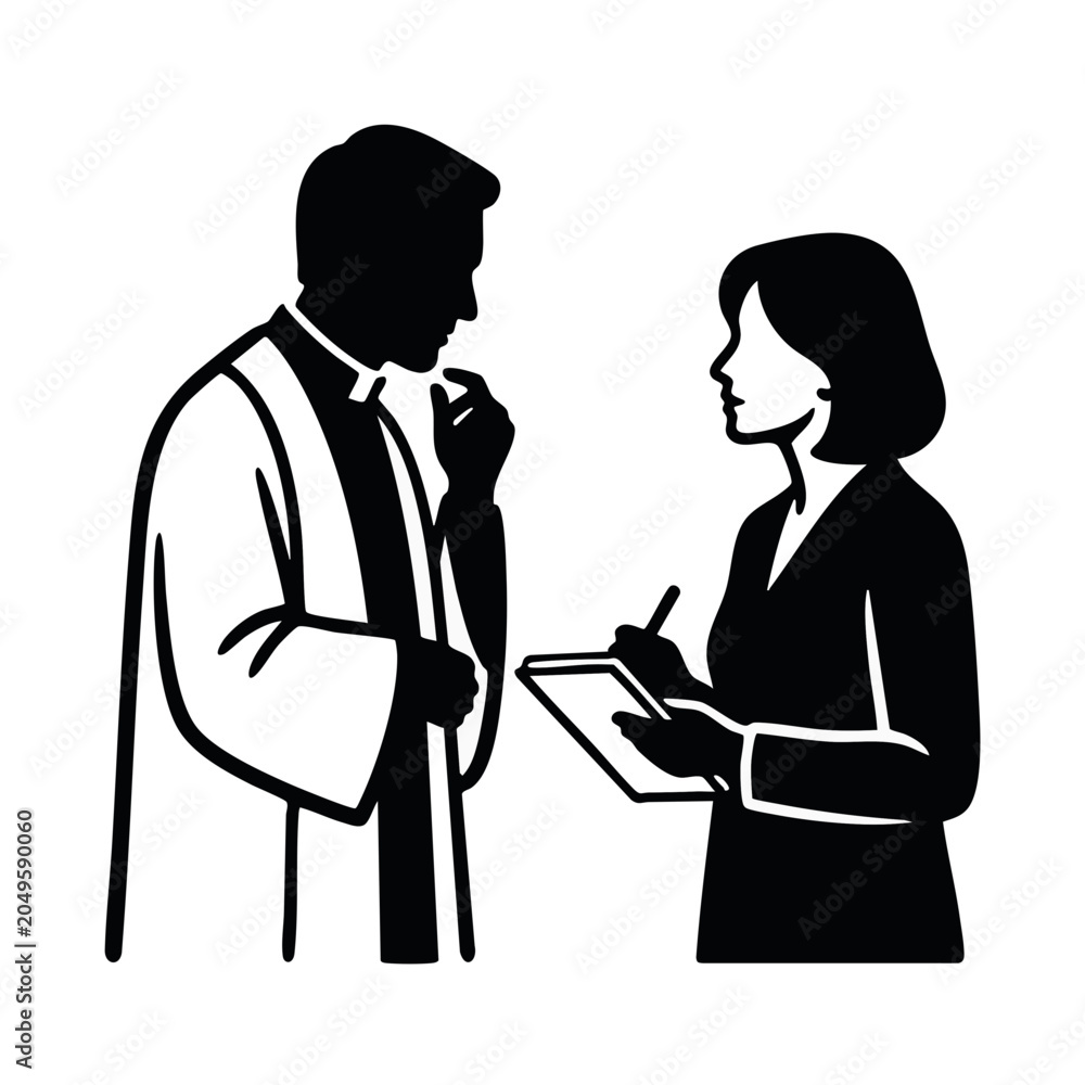 Obraz premium Coordinating funeral with clergy vector illustration. Woman taking notes during meeting with priest. Black and white silhouette graphic isolated on transparent background