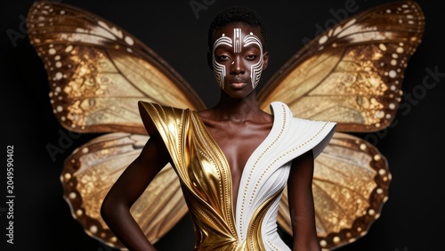 Elegant Model with Butterfly Wings and Artistic Face Makeup