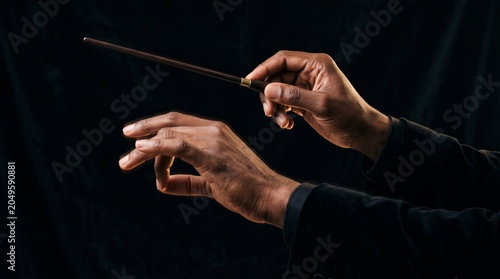 A detailed view of a person's hands delicately holding a conductor's baton. Concept of music, art, performance, elegance, and creativity for stock photography usage. Generative AI.