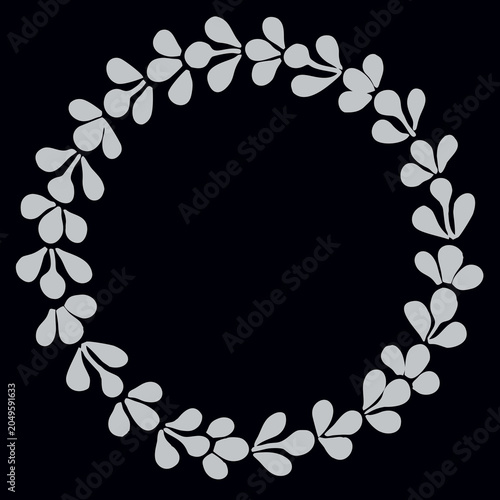 Elegant Silver Circular Floral Wreath Frame with Minimalist Leaf Pattern on Black Background, Decorative Vector Border for Invitations and Branding
