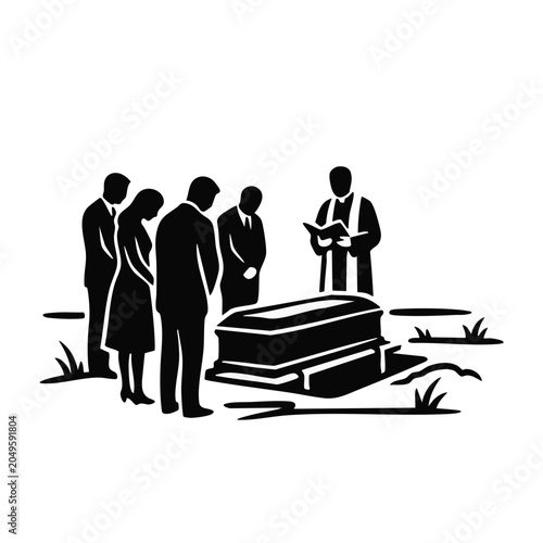 Graveside committal service silhouette. Priest and mourners at a casket burial ceremony. Vector illustration isolated on transparent background