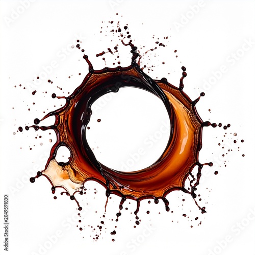 Dark liquid splash forming a circular shape on a white background