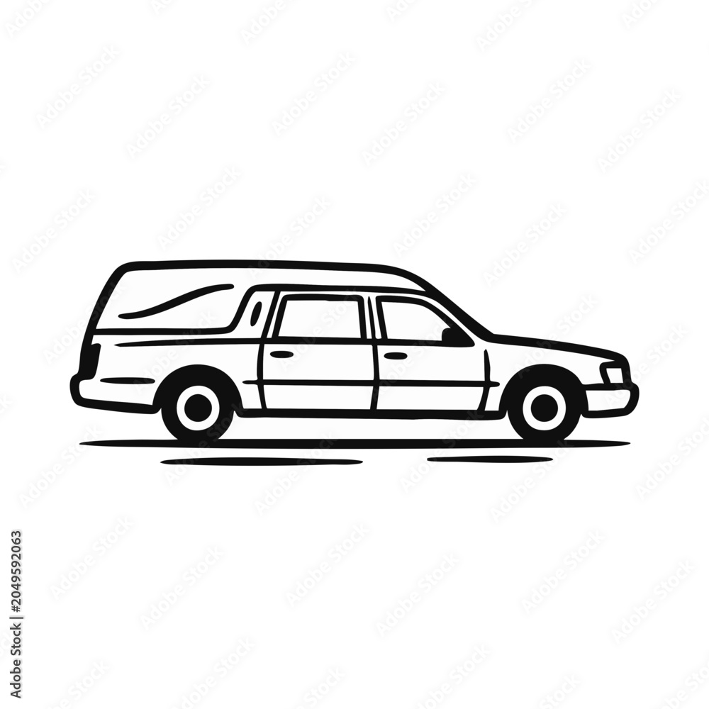 Fototapeta premium Hearse driving slowly side view vector illustration. Funeral car procession line art icon. Minimalist funeral service transport graphic isolated on transparent background