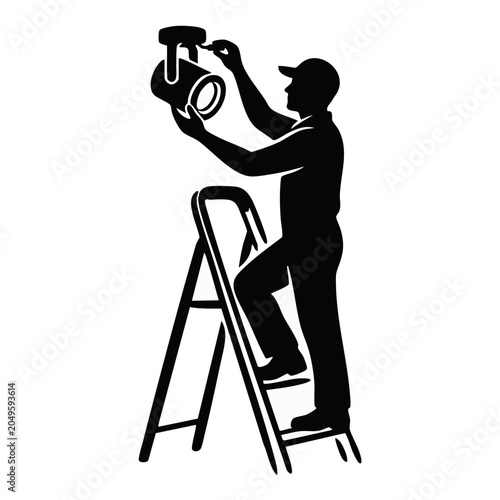 Adjusting ceiling spotlight silhouette. Worker on stepladder installing light fixture vector illustration. Lighting technician and electrician graphic