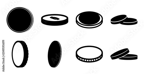 Flat black and white coin and button icons - Minimalist vector icons of coins and buttons in black and white for design projects or presentations.