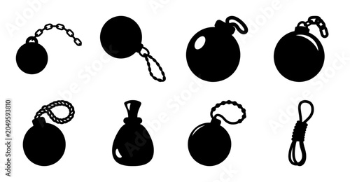 Schilderij op canvas Black smoke bomb icons with chains - Set of stylish black smoke bomb icons featuring different designs and attached chains for various creative projects