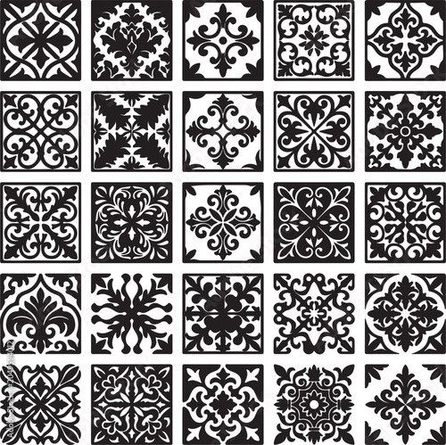 Icon collection of black and white ornate tile patterns on uncomon design