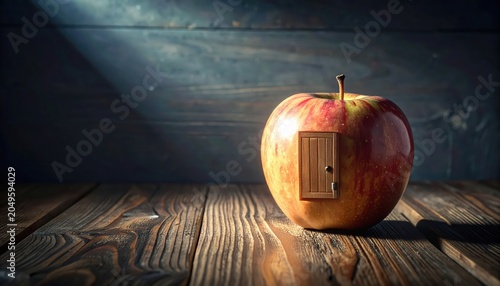 A Single Apple with a Miniature Wooden Door on a Rustic Wooden Table