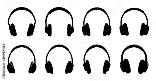 Set of black headphones icons in a row - Six black headphones icons arranged neatly for design or presentation use, clean and modern style.