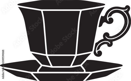 Icon black and white illustration of a teacup and saucer uncomon design