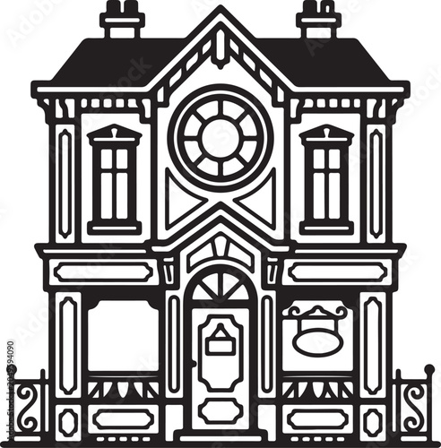 Icon black and white illustration of a victorian style house with intricate details and ornate design elements uncomon design