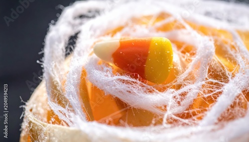 A single candy corn rests atop a delicate web of spun sugar, evoking a sweet and whimsical dessert creation.