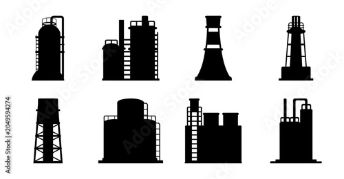 Tableau sur toile Black industrial chimneys and factory icons - Eight stylized black silhouettes of industrial chimneys and factories in a clean, minimalist vector design