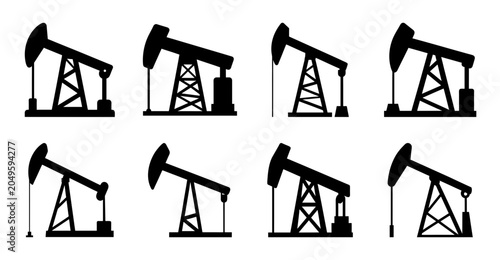 Six oil pumpjacks working in a row - Simple black and white vector illustration of six oil pumpjacks lined up in a row for industrial or energy-related projects.