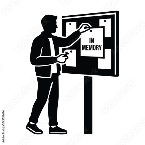 Man pinning in memory notice on bulletin board vector illustration. Community obituary board silhouette icon. Funeral and remembrance graphic isolated on transparent background