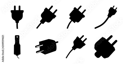 Black electrical plug and socket icons set - Minimalist black line icons of various plug types and wall sockets for electrical projects or digital design use.