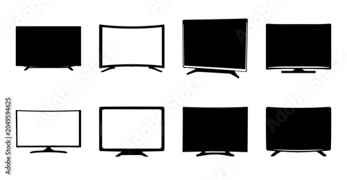 Foto Flat design tvs in different screen ratios - Eight modern flat-screen TVs with varying aspect ratios, minimalist and clean design for media or tech projects