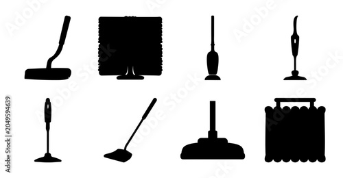 Slika na platnu Black office cleaning tools set illustration - Minimalist black icons of office cleaning tools like broom, mop, vacuum, and duster for modern design projects