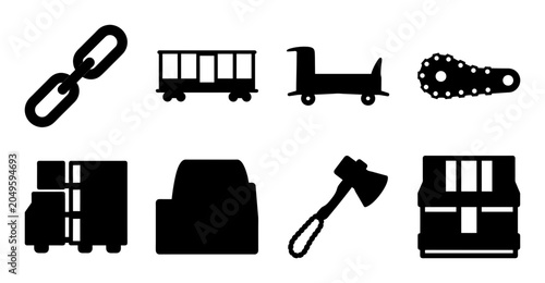 Flat icons set of transportation and tools - Minimal black flat icons depicting transportation vehicles and common tools in a clean style.
