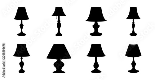 Black modern lamp icons set of eight styles - Eight distinct black modern lamp icons in a clean, simple style for graphic design projects.