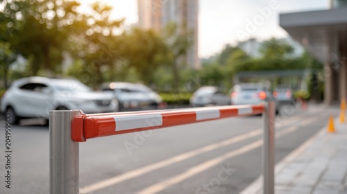 Automatic parking barrier arm is lowering at an entry gate with cars lined up behind it. This scene shows the controlled access system at work in an outdoor setting