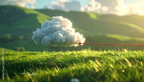 A single fluffy white cloud tethered by a red string, floating just above a vibrant green grassy field under a bright blue sky.